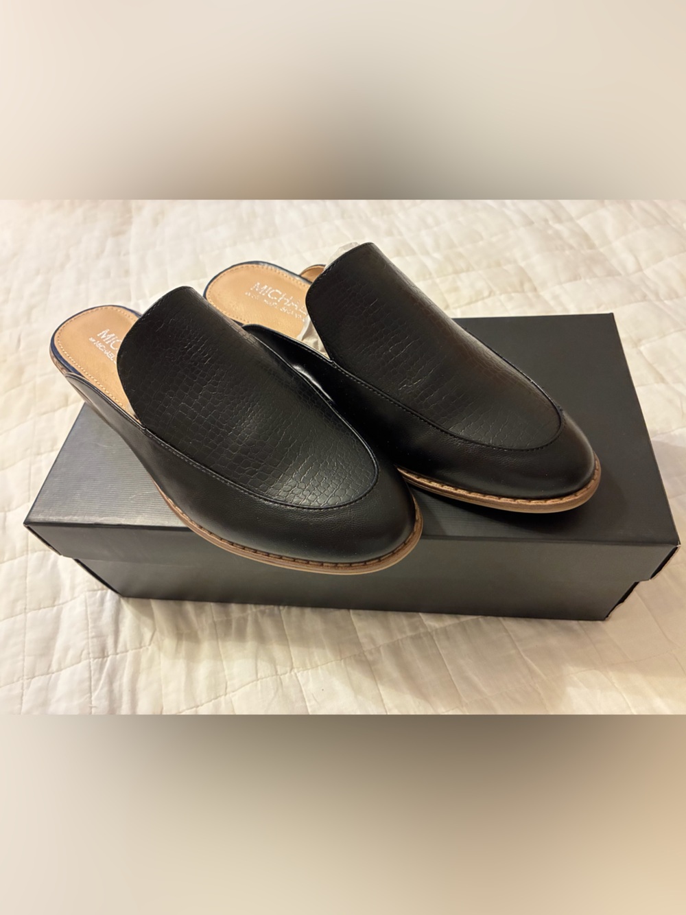 Michael Shannon Chrisley Style Black Croc Textured Leather Slip-On Mules